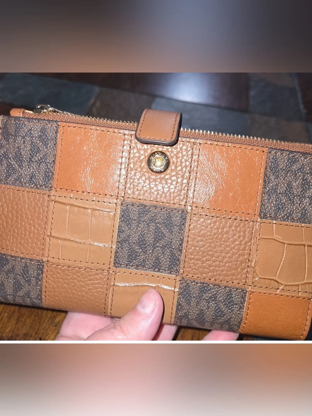 Michael Kors Adele Patchwork Leather Zip Wallet in Brown and Dark Brown